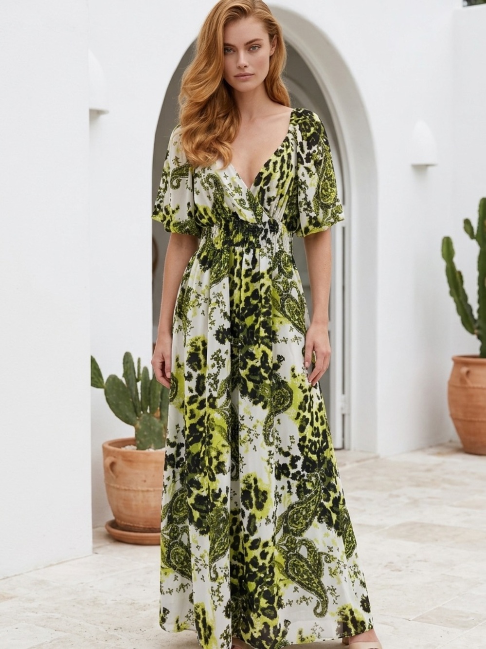 Floral Paisley Print V-Neck Maxi Dress in Olive Green Petite Small